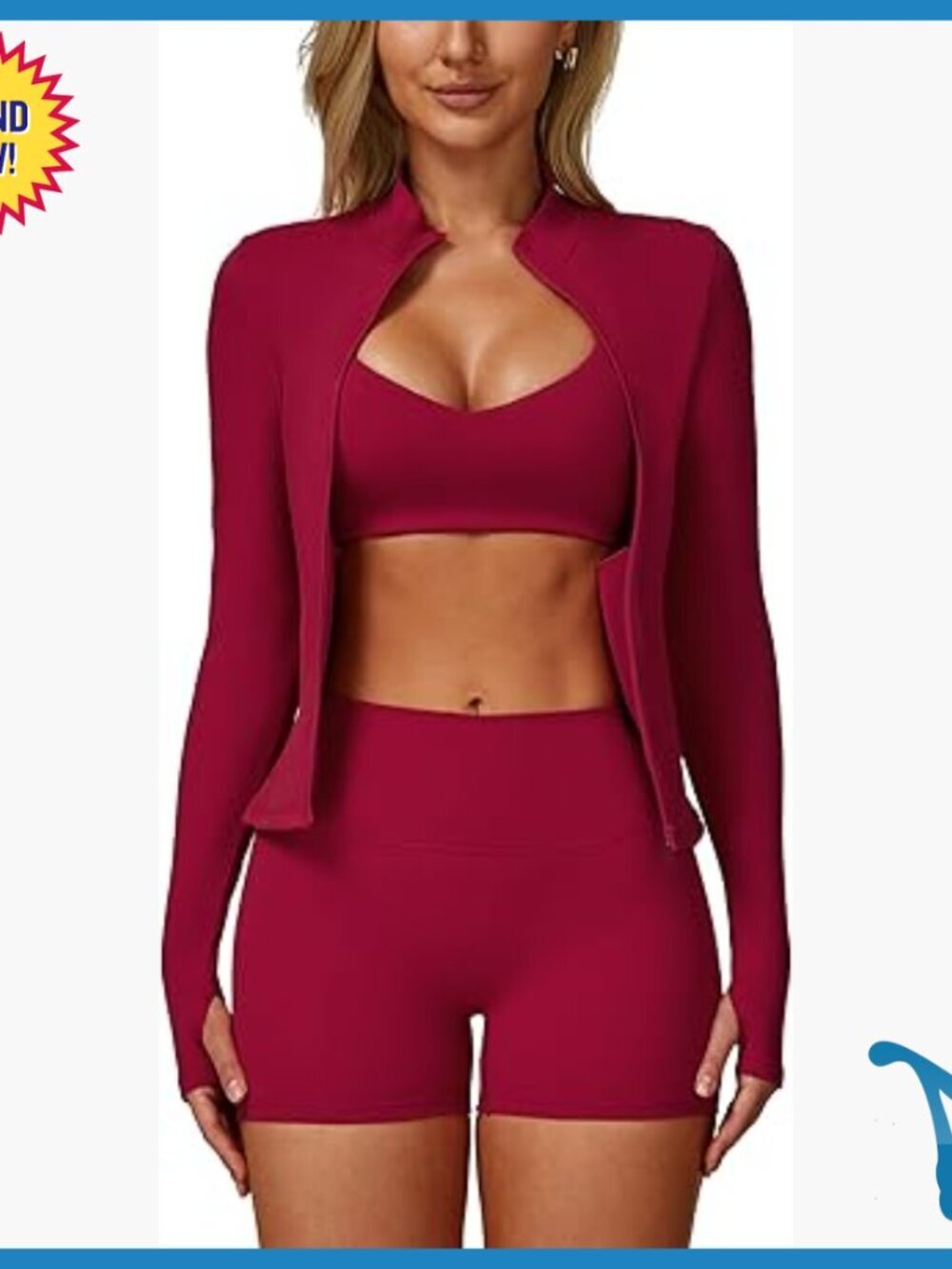 3-Piece Workout Set Long Sleeve Jacket Sports Bra High Waist Shorts - Picture 1 of 7